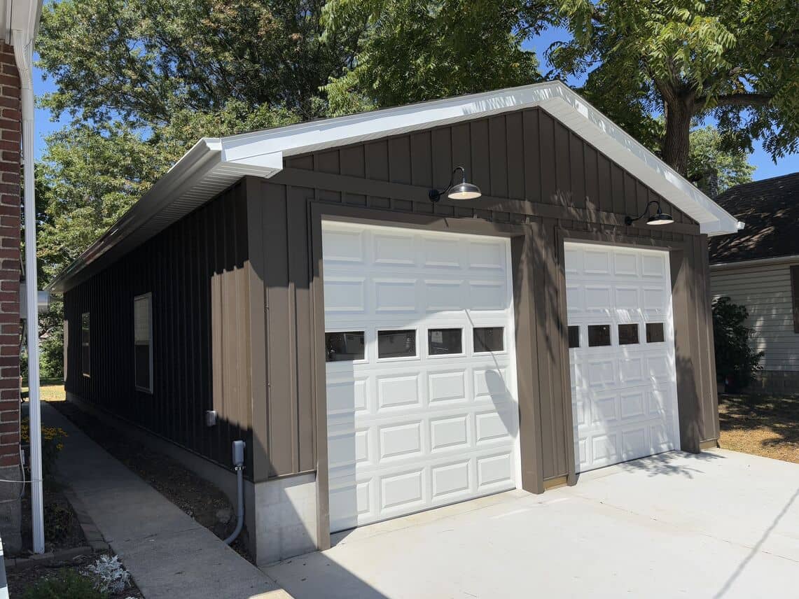 detached two car garage, metal siding